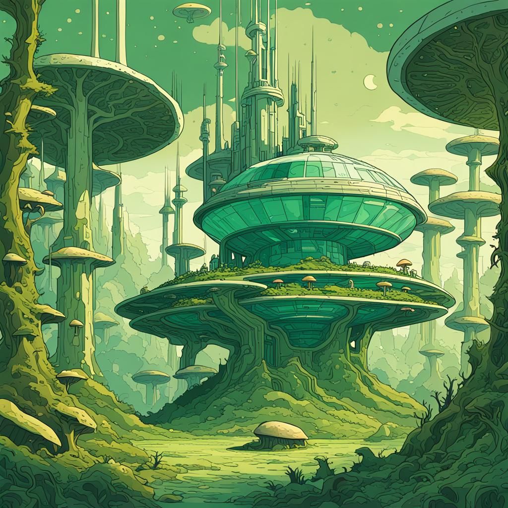 Green Fantasy World with Abandoned Space Station