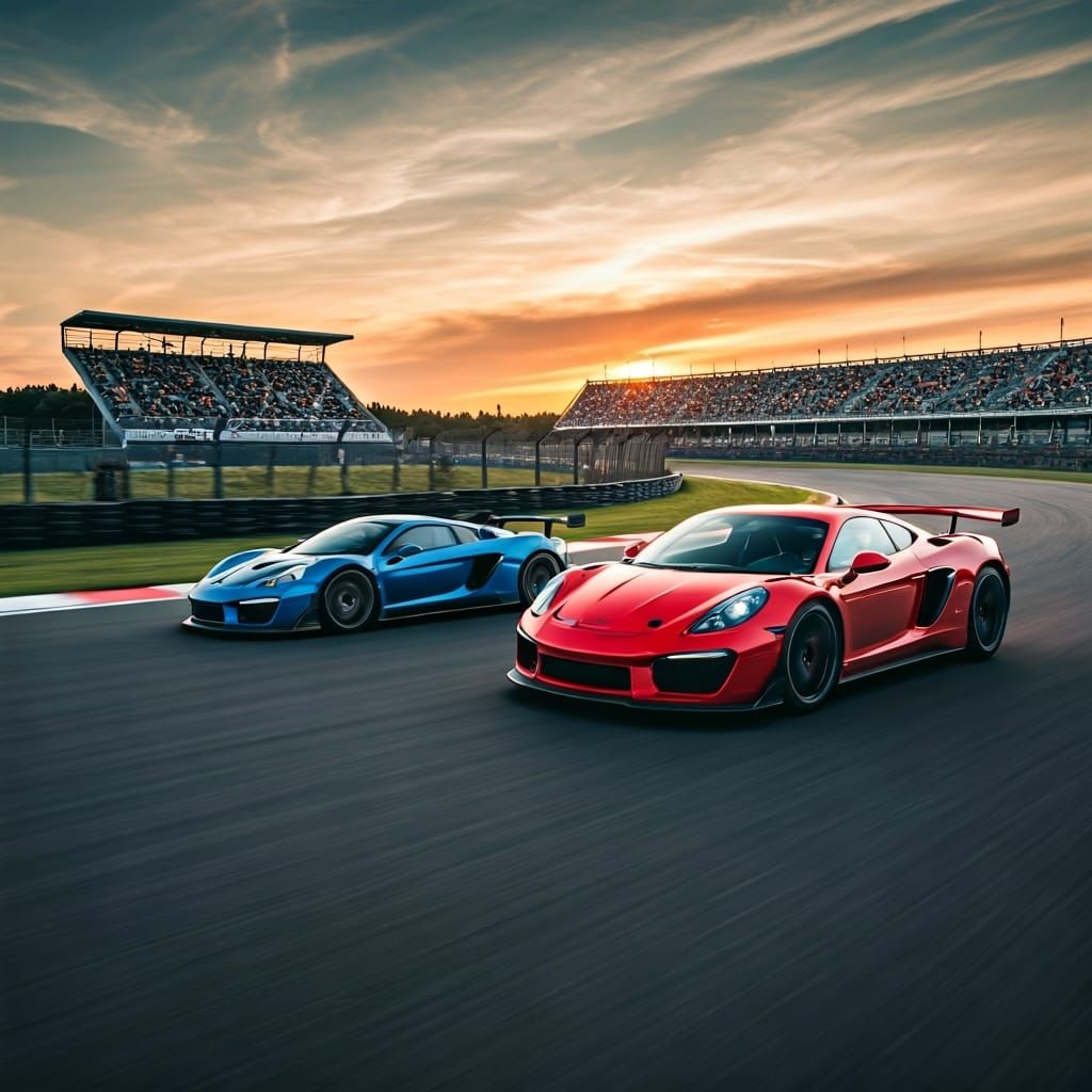 Futuristic Sports Cars Racing at Sunset