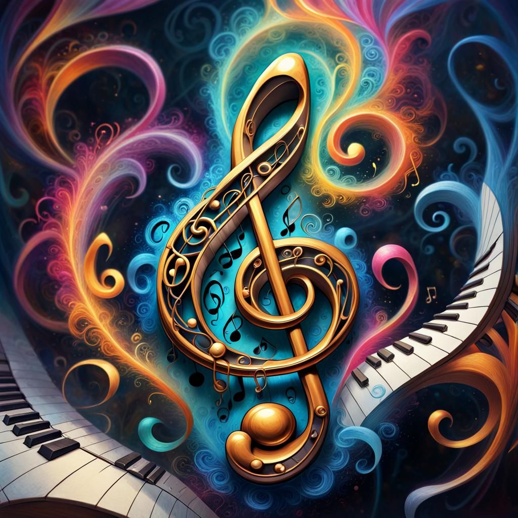 Surreal Treble Clef with Swirling Musical Notes