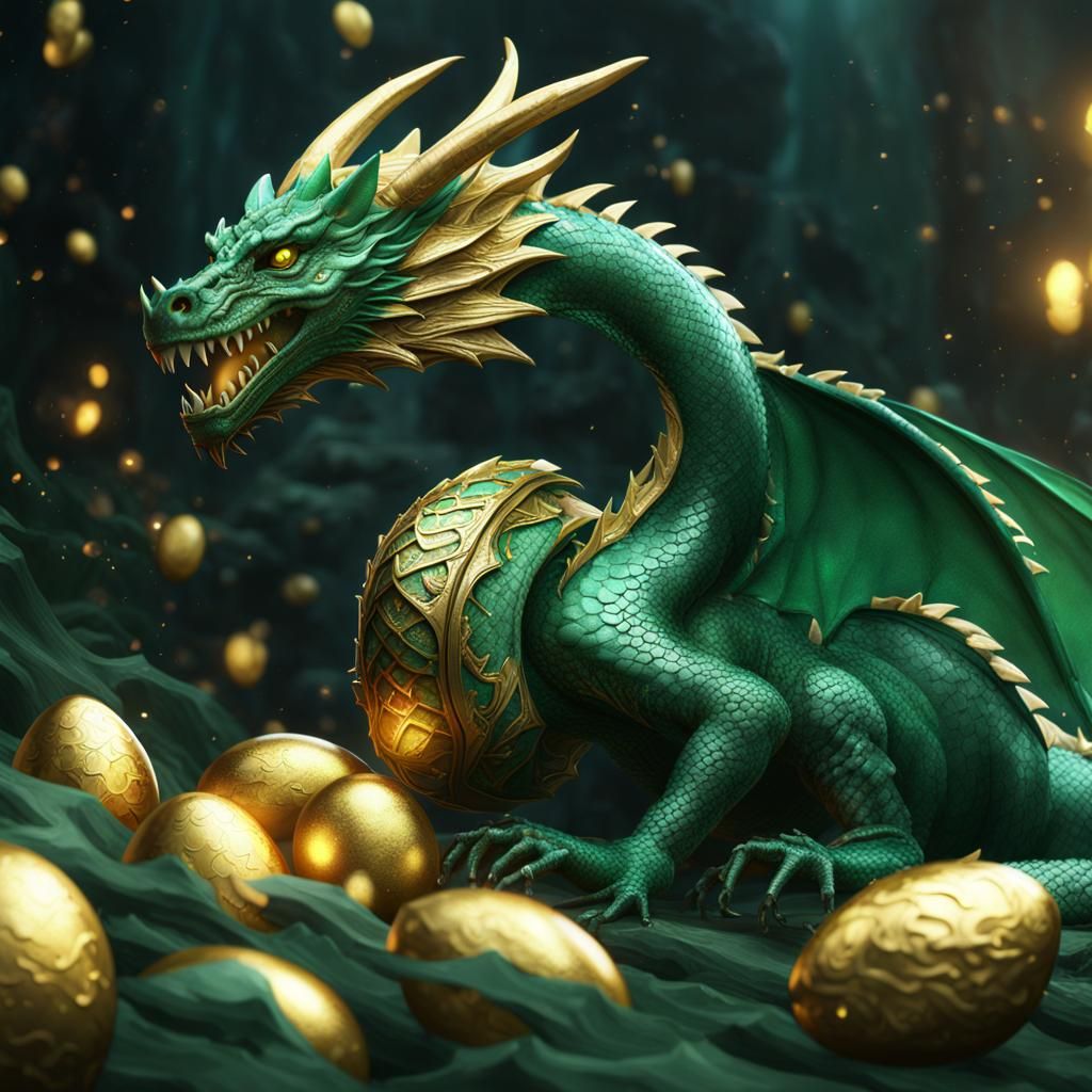 Emerald Dragon Protecting Golden Eggs in Fantasy Art
