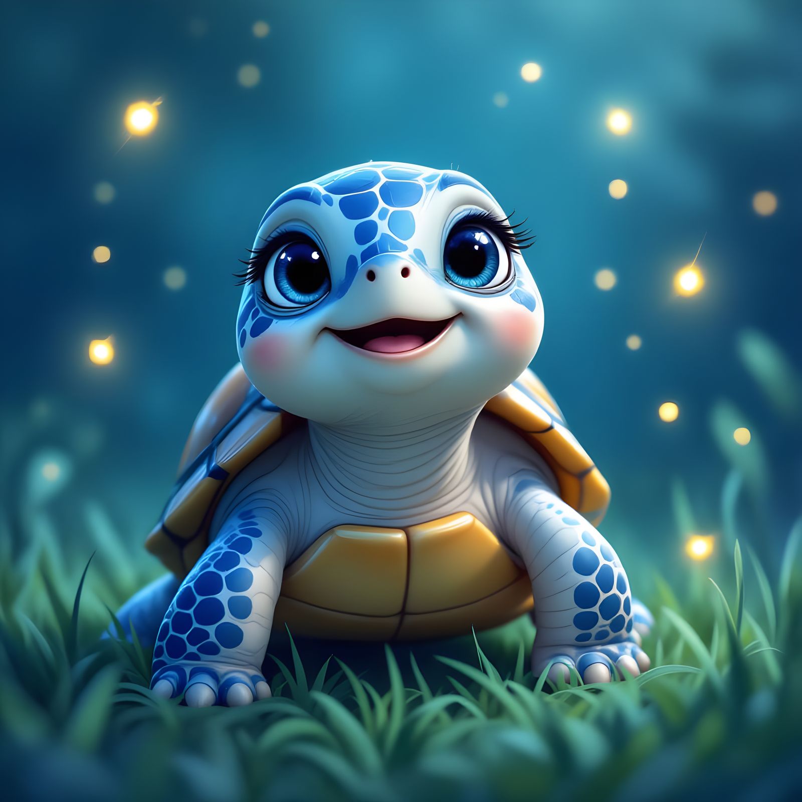 Cute Turtle Singing in a Magical Blue Atmosphere