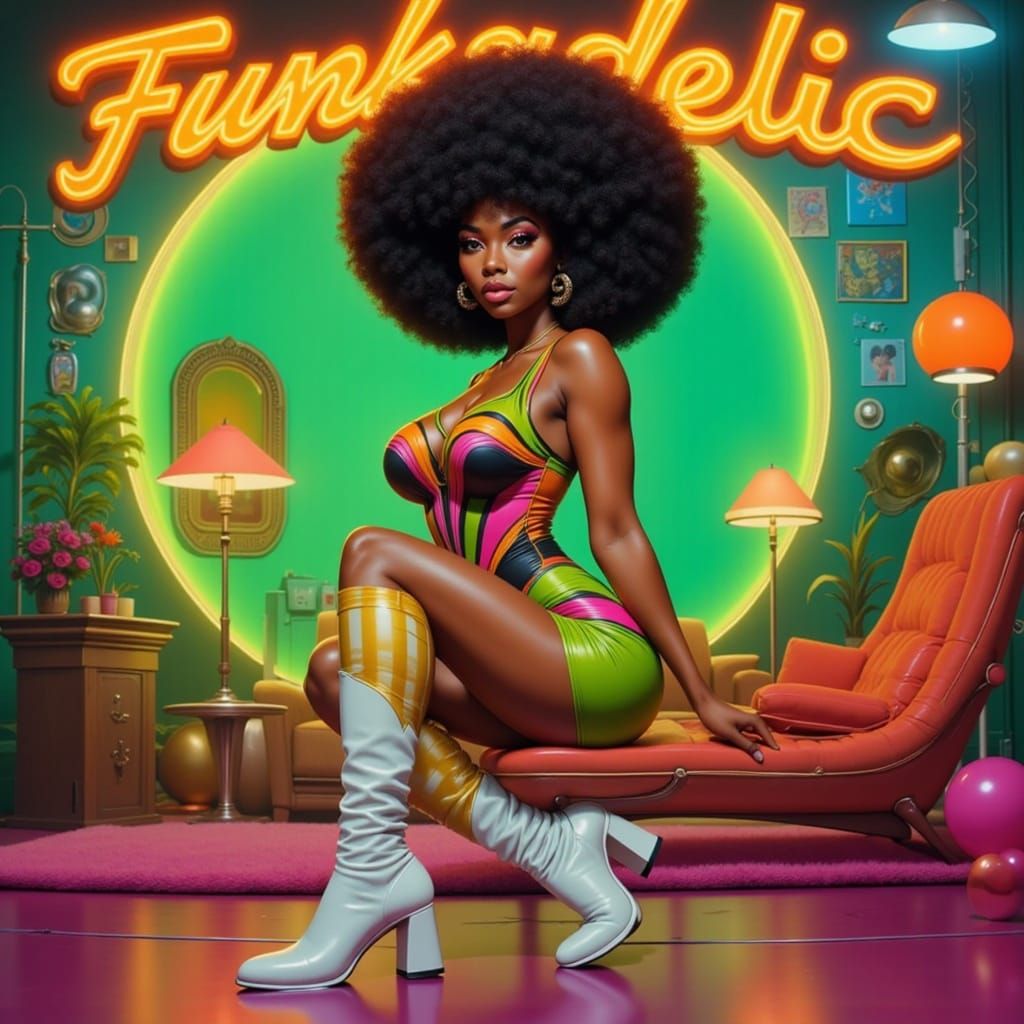 Funky 70s Afro Goddess in Psychedelic Dreamscape