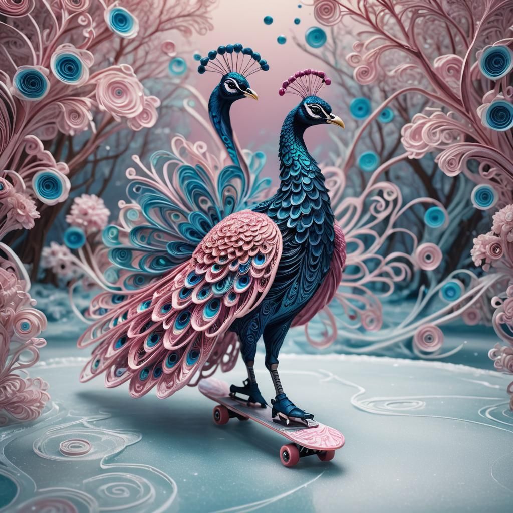 Peacock Ice Skating: Detailed Quilling in Pink and Blue