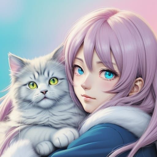 Anime Girl Hugging Fluffy Cat with Soft Lighting