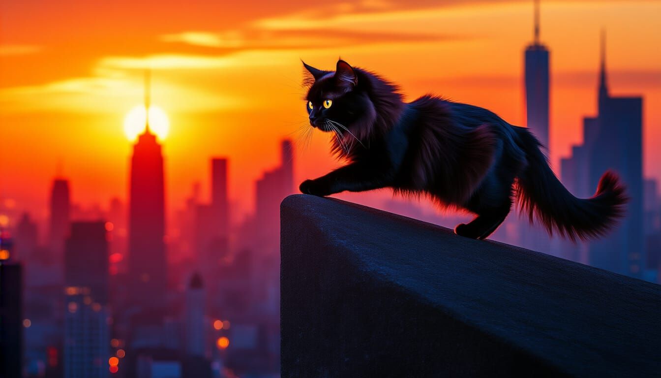 Persian Prince Cat with City Skyline Sunrise