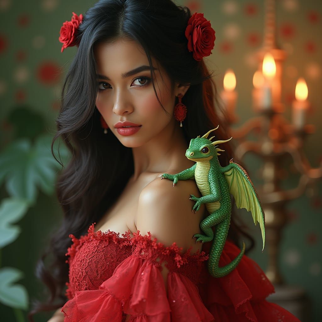 Beautiful latina woman with a small cute magic green dragon on her shoulder, glowing lights, fluffy lacy red dress