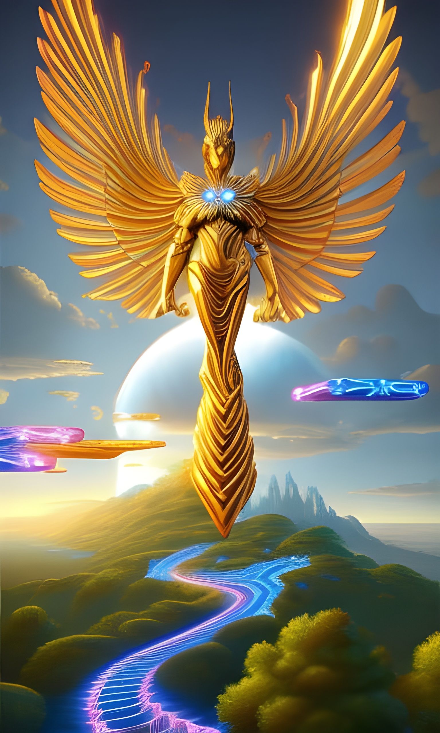 Robotic Angel with Symmetrical Wings in Hyperrealism