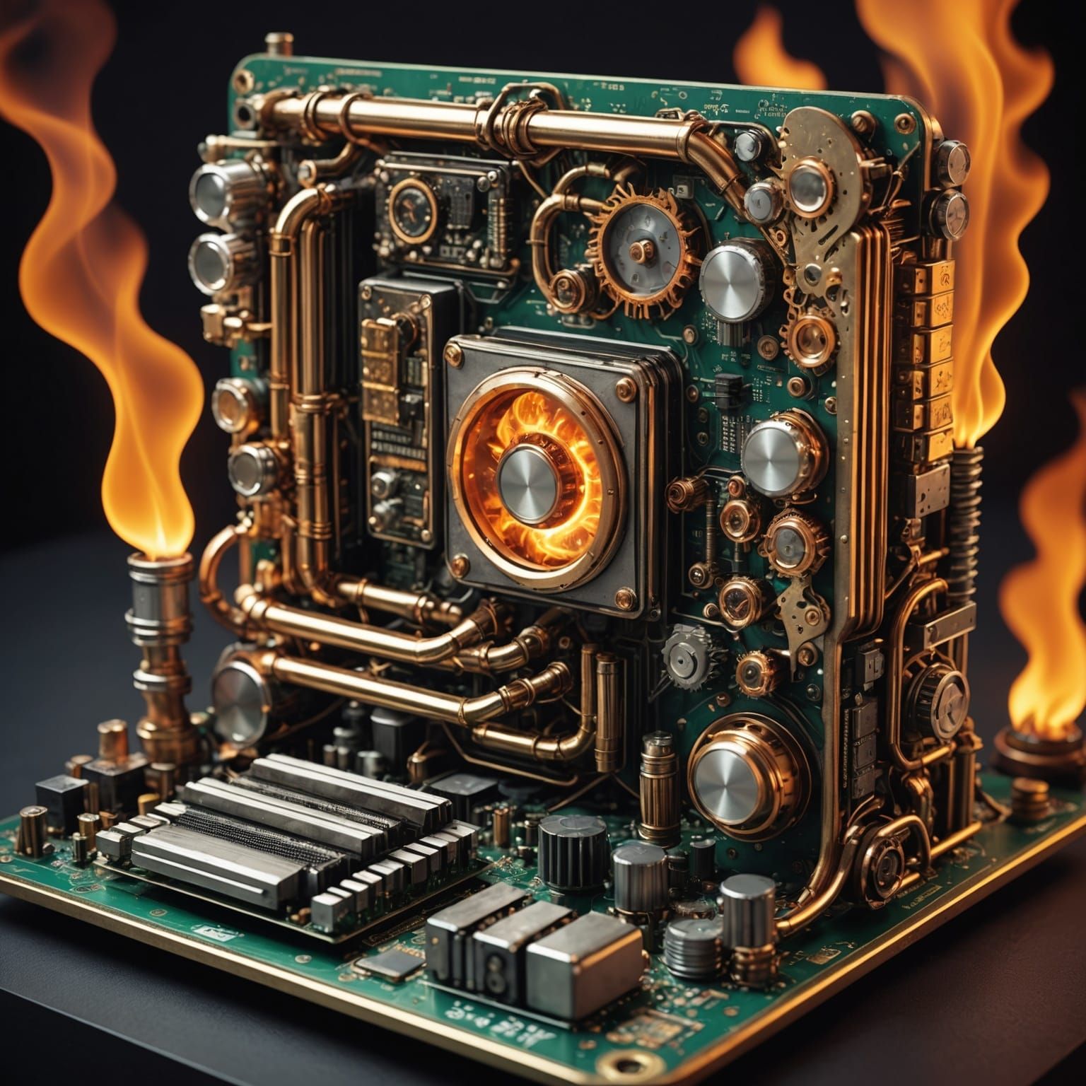 Steampunk Motherboard with Organic Flames in 3D