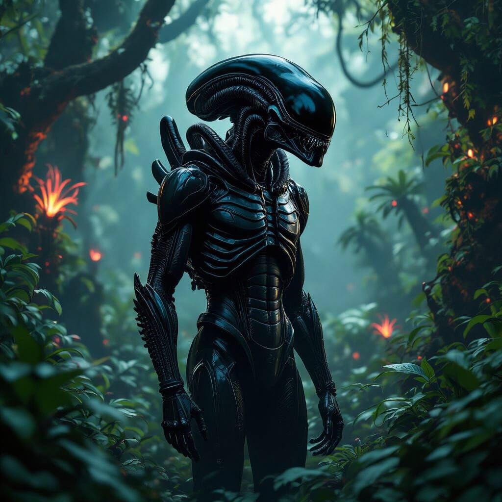 Xenomorph in Alien Jungle: A Biomechanical Vision