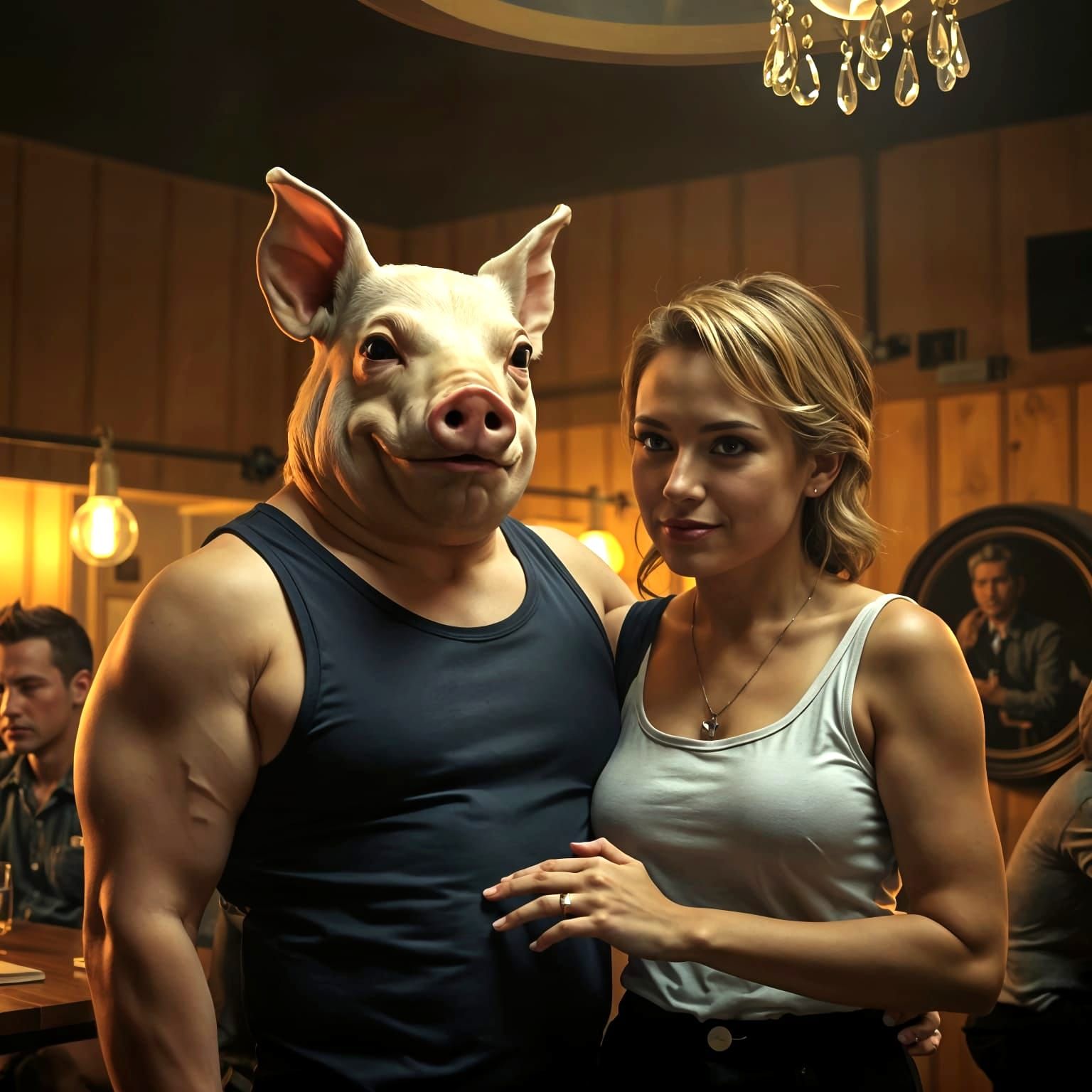Photorealistic Pig-Headed Man and Blonde Woman in Love