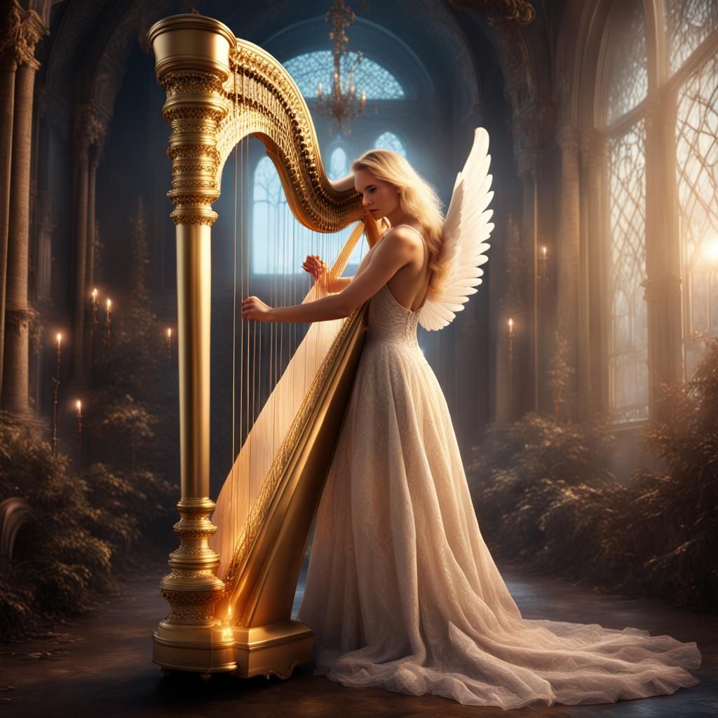Blonde Angel Plays Harp in Platinum Gown