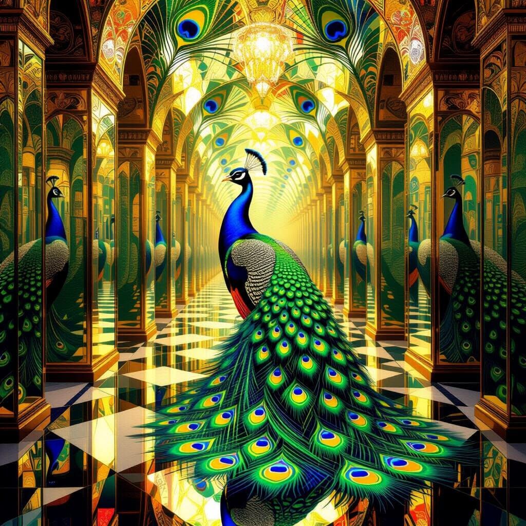 Peacock Displaying Plumage in Mirrored Kaleidoscopic Hall