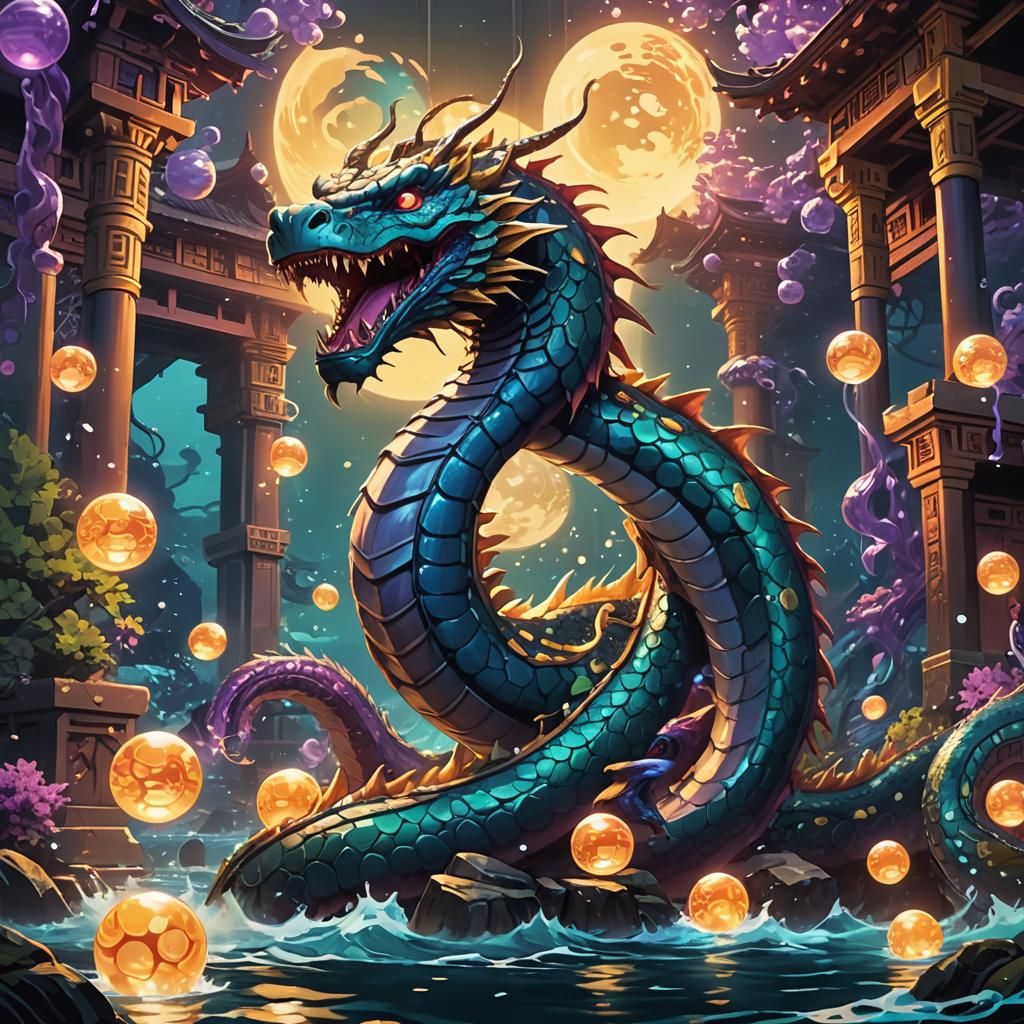 Sea Serpent Guards Underwater Temple in Anime Style
