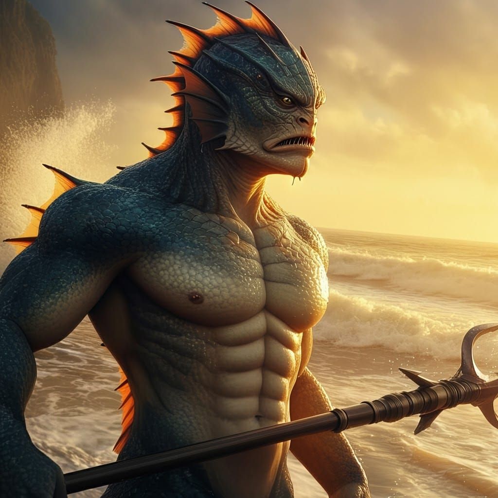 Fish-faced Warrior Emerges from the Sea