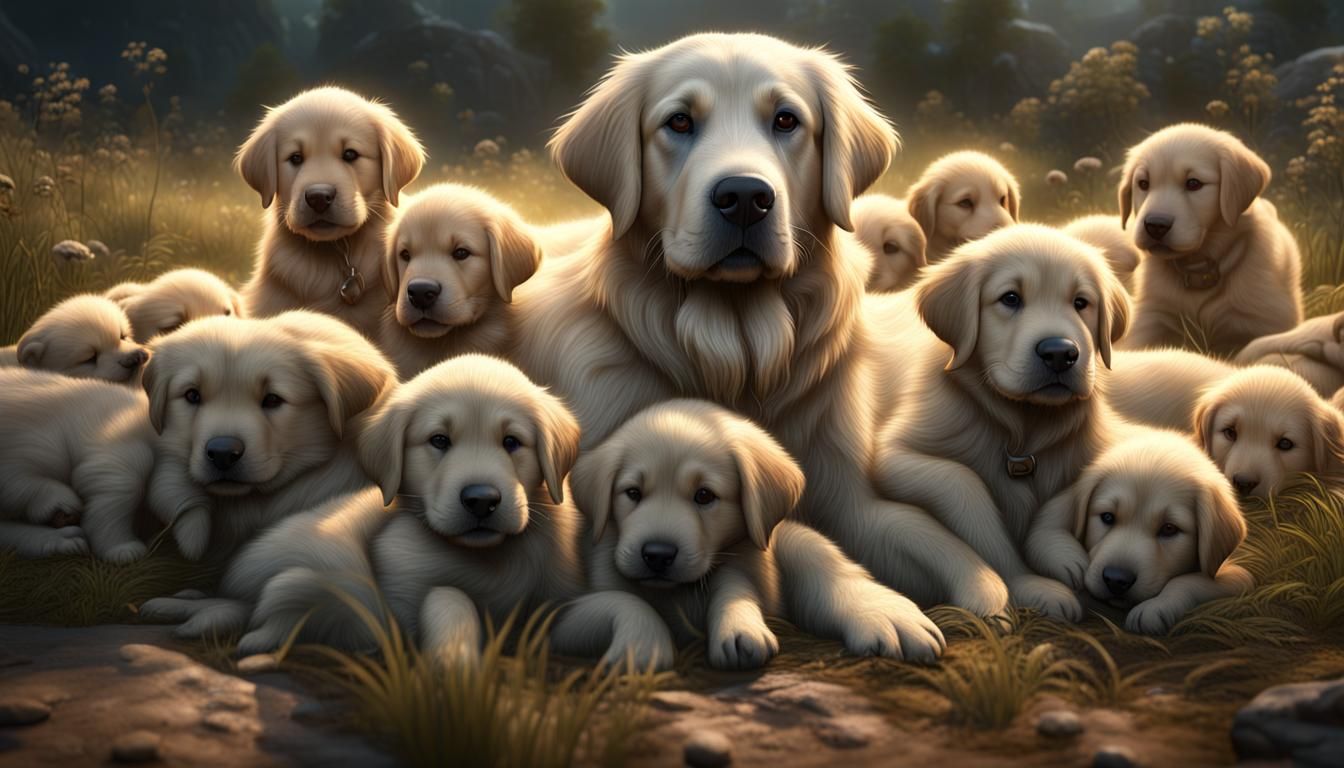 Retriever Mother Dog Nursing Twenty Puppies