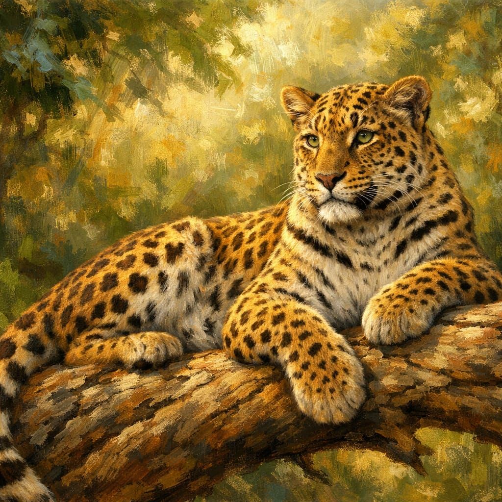 Leopard Resting in Sun-Dappled Forest as Fine Art Oil Painti...