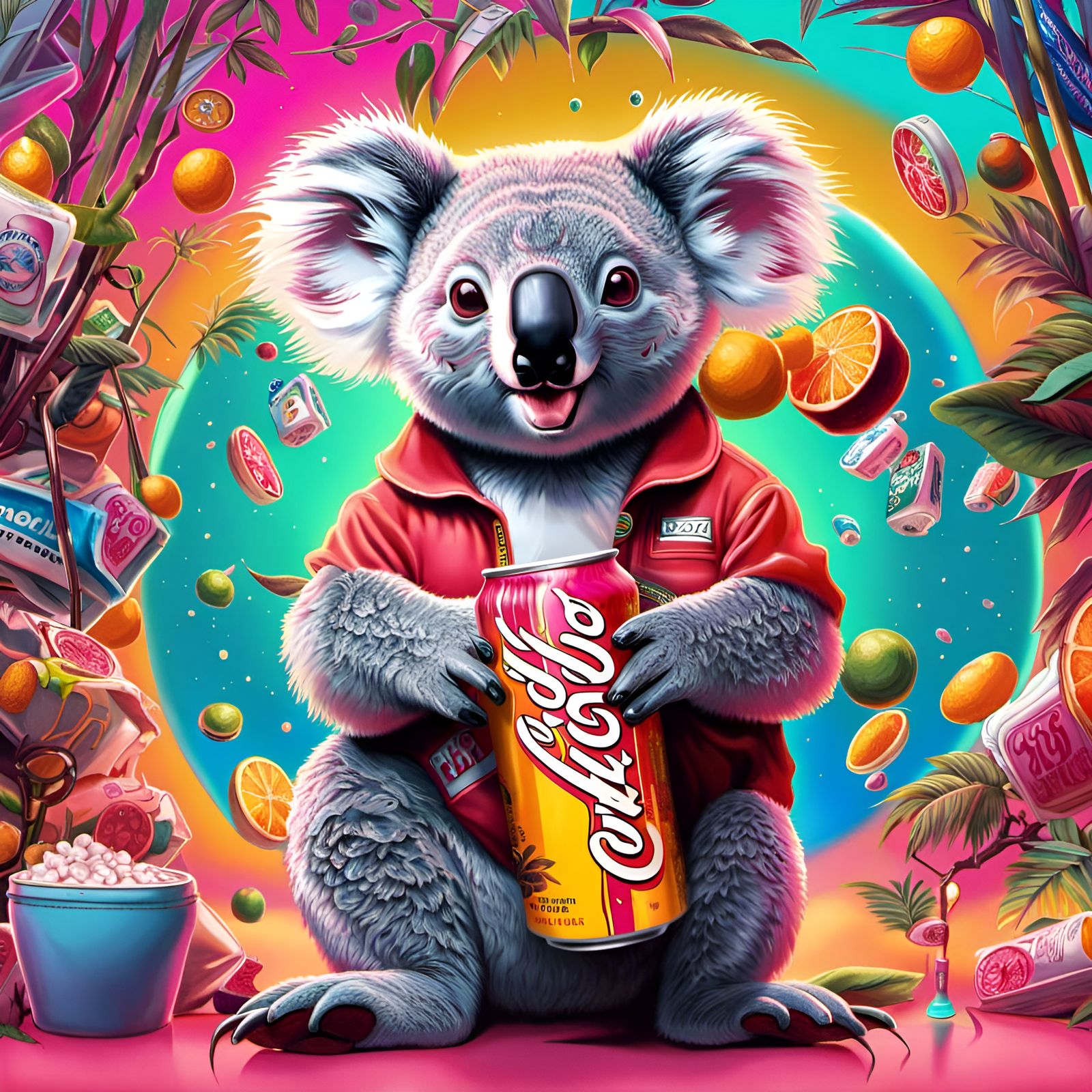 Hyperrealistic Koala with Soda in Vaporwave Style