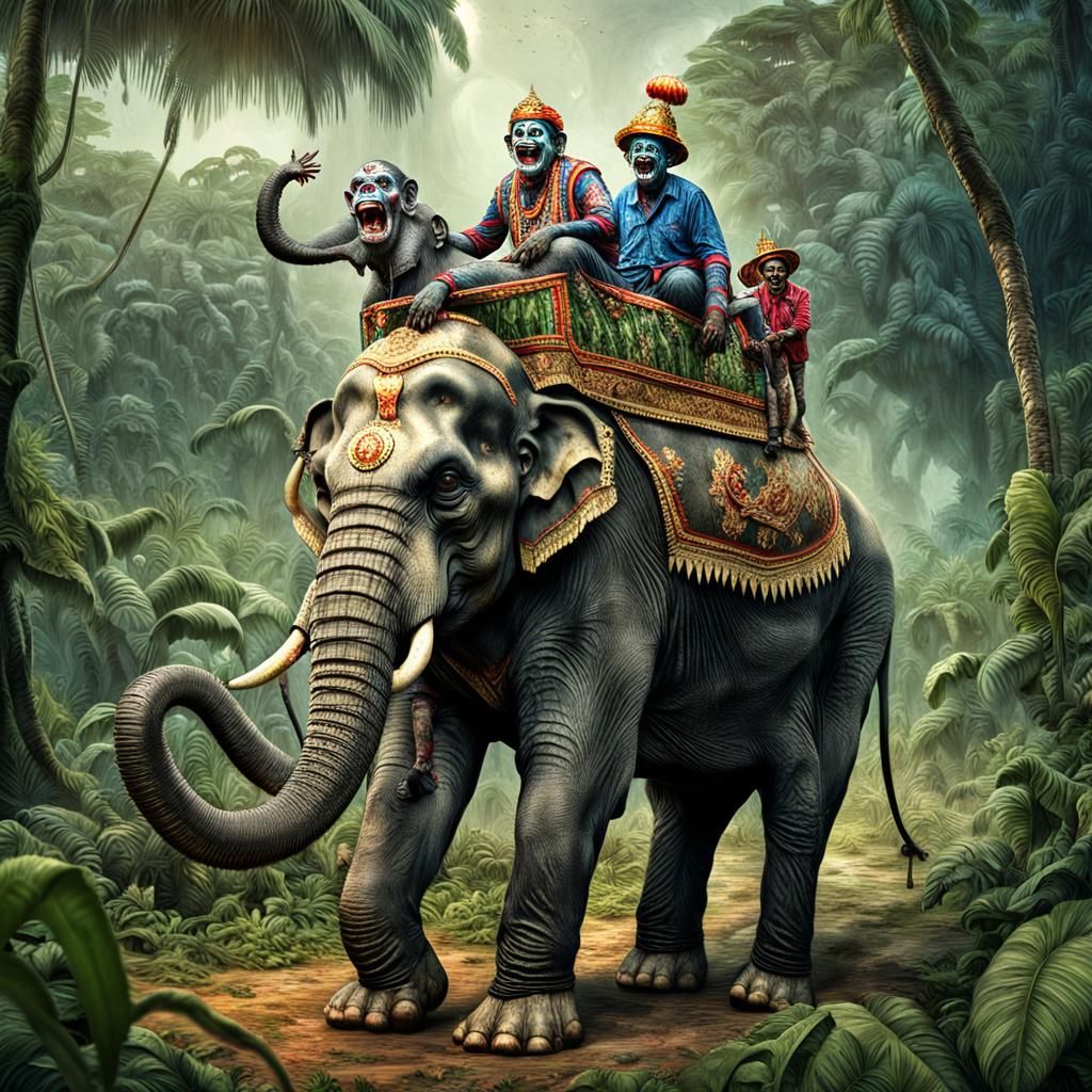 Zombie Monkey Clowns Ride Elephant Through Jungle