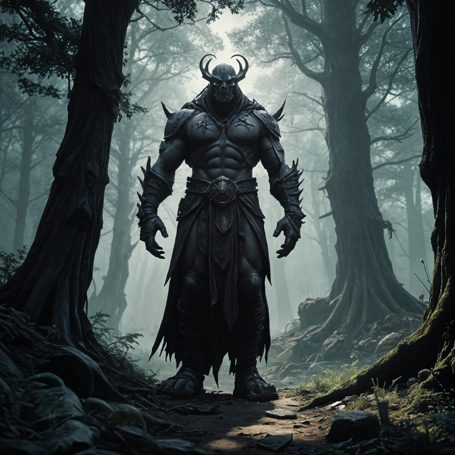 Enormous Rock Giant Walks Forest Path in Dark Fantasy Style