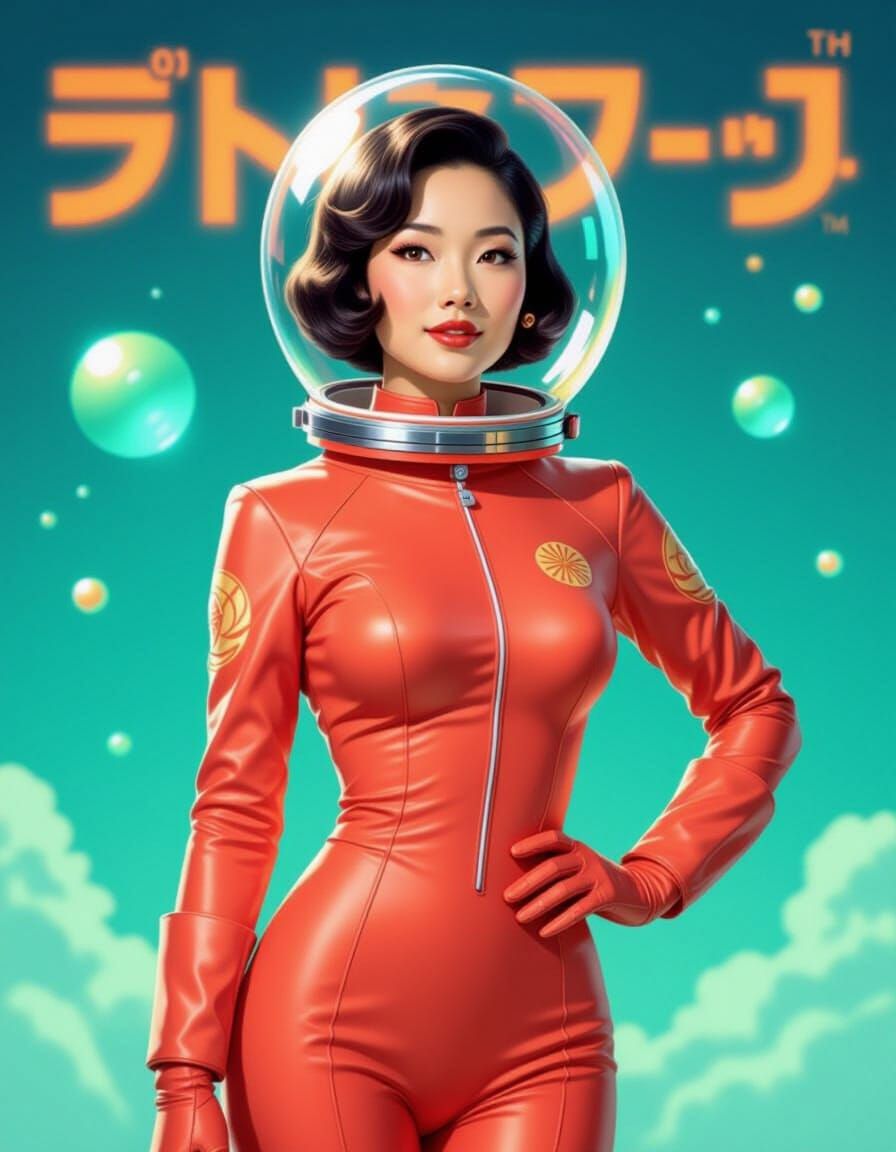 Retro-Futuristic Asian Astronaut in Rose-Orange Suit