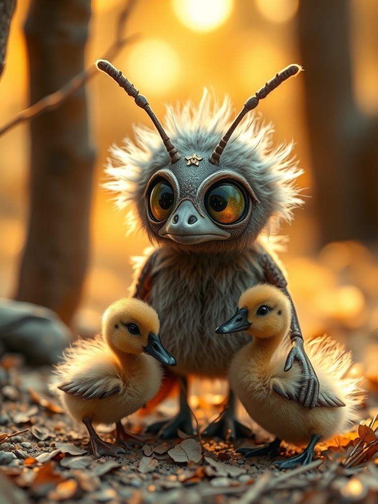 Fluffy Scarab Beetle and Duckling in Whimsical Forest