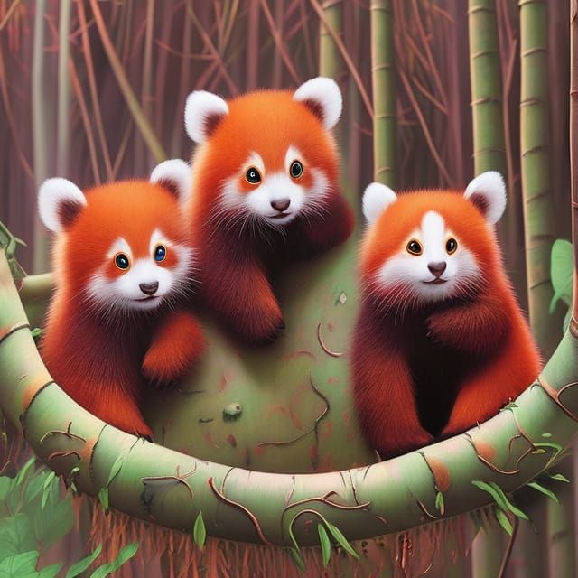 Red Pandas Play in Whimsical Bamboo Forest