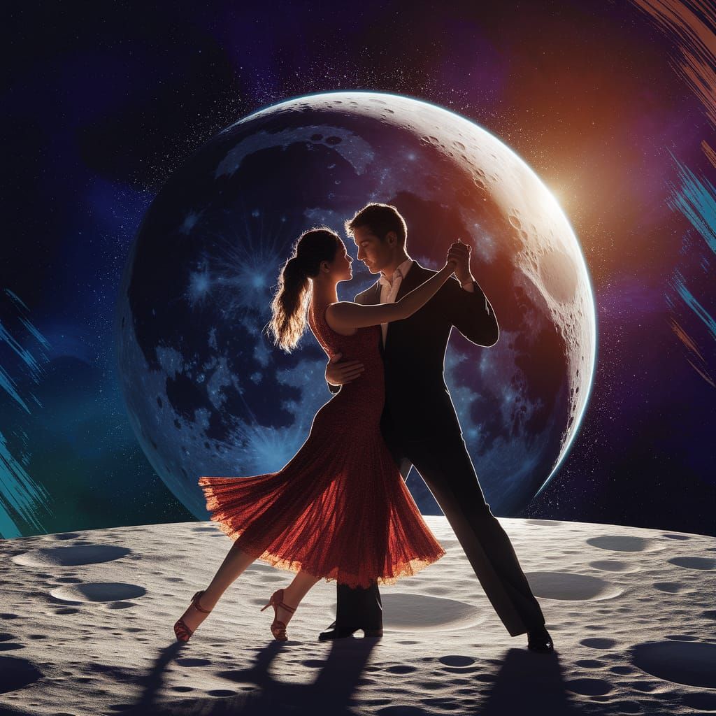 Couple Tango Dancing on the Moon in Splash Art Style