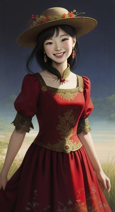 Woman in Red Dress, Oil Painting Style