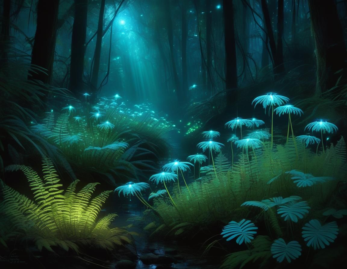 Ethereal Bioluminescent Forest with Fireflies