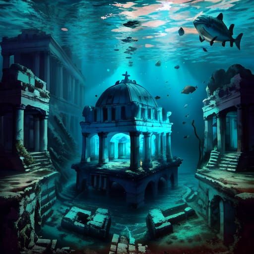 Underwater Atlantis Temple Ruin in Realistic Style