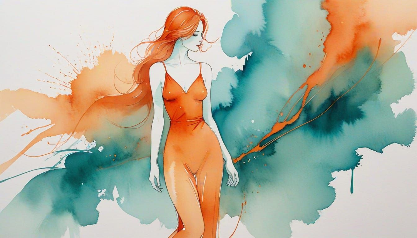 Ethereal Fashion Sketch in Vibrant Orange and Teal Hues