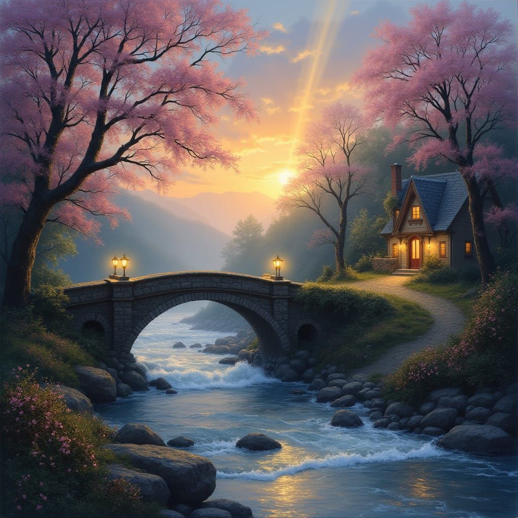 Serene River Bridge in Cozy Impressionist Style