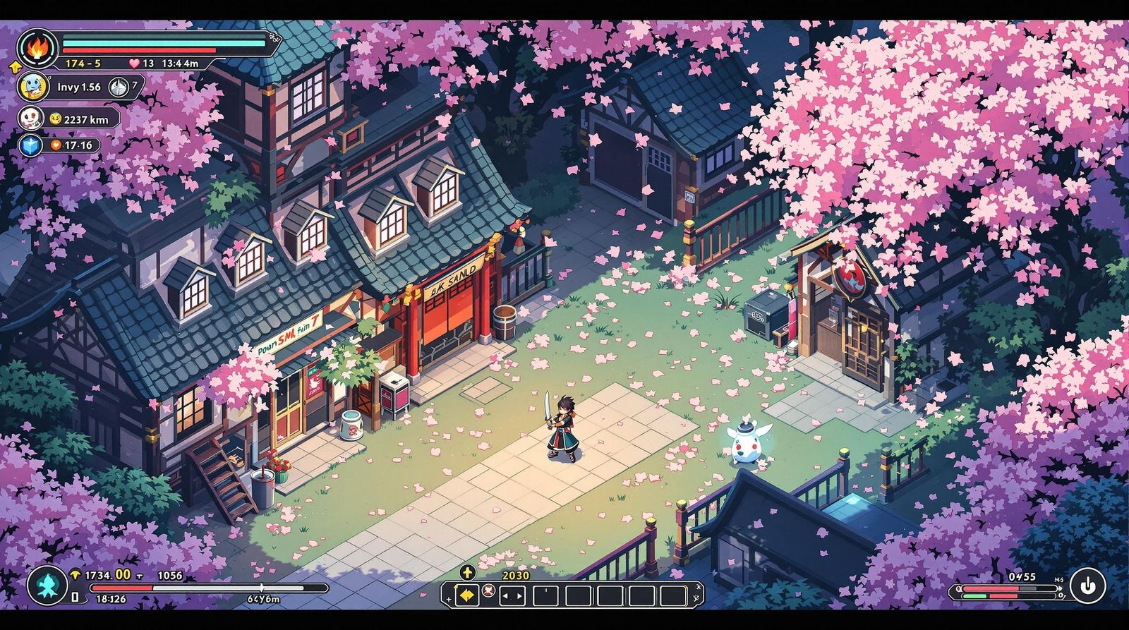 Pixel Art Japanese Village in Cherry Blossom Season