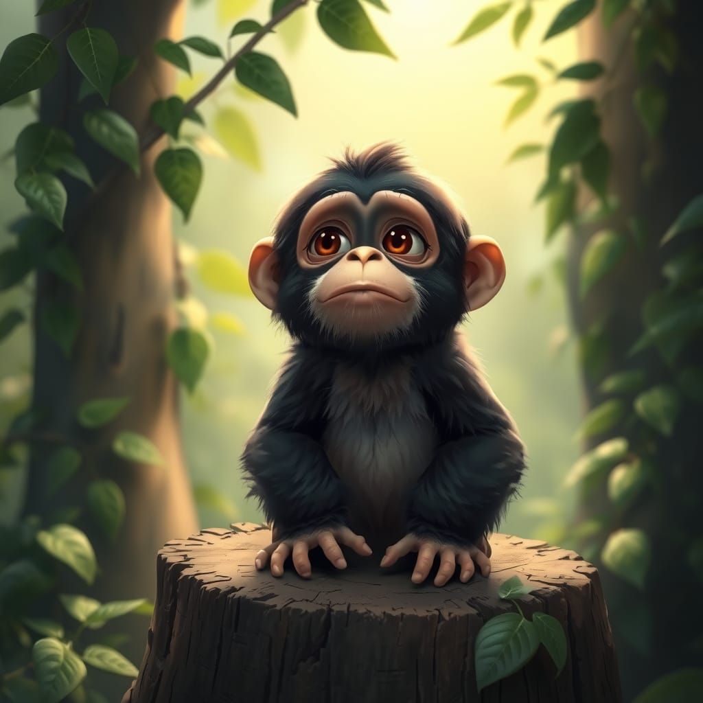 Charming Chimpanzee Child in Whimsical Woodland Scene