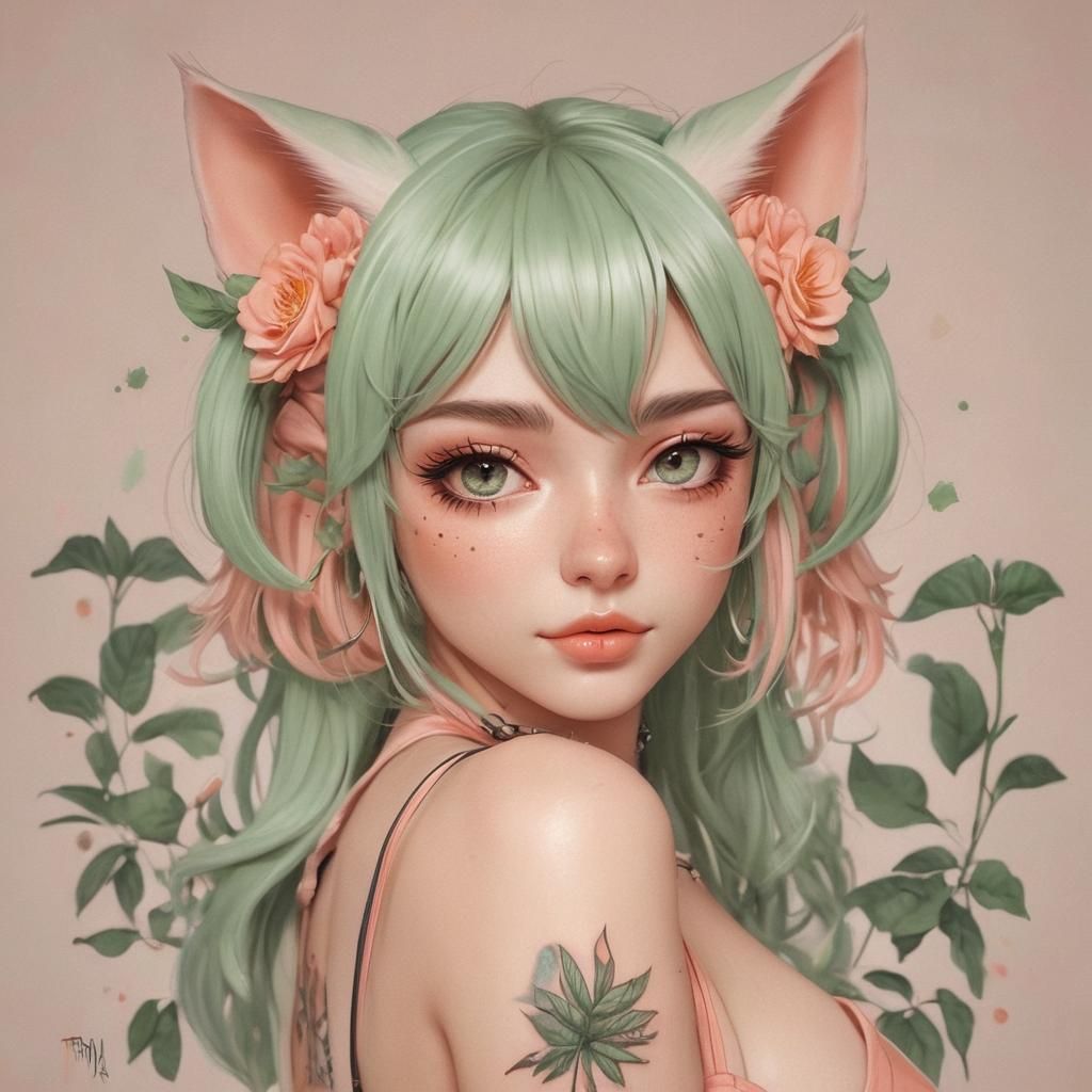Anime Cat Girl in Peach Colors