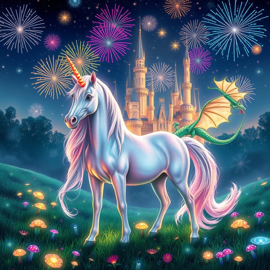 Magical Unicorn and Dragon Dance in Dreamy, Whimsical Landsc...