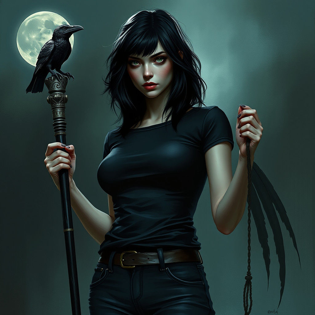 Mystical Woman with Raven Staff in Dark Fantasy Style