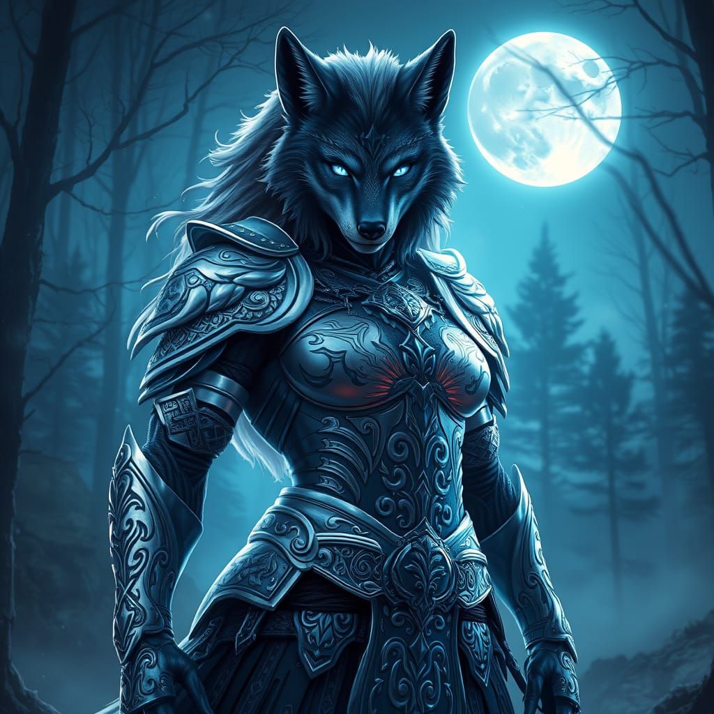 Majestic She-Wolf Warrior in Moonlit Forest, Celtic-Inspired...