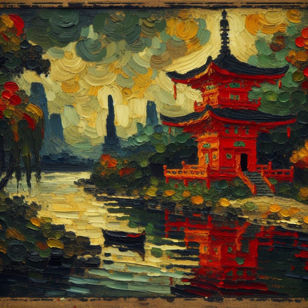 Red Pagoda by River in Expressionist Style