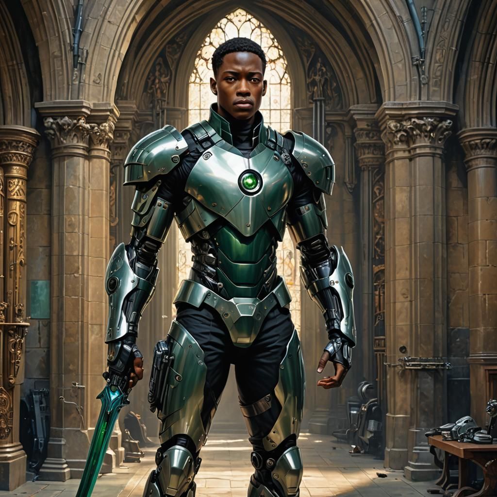 Cyborg Cyber-Knight in Gothic Church, Oil Painting