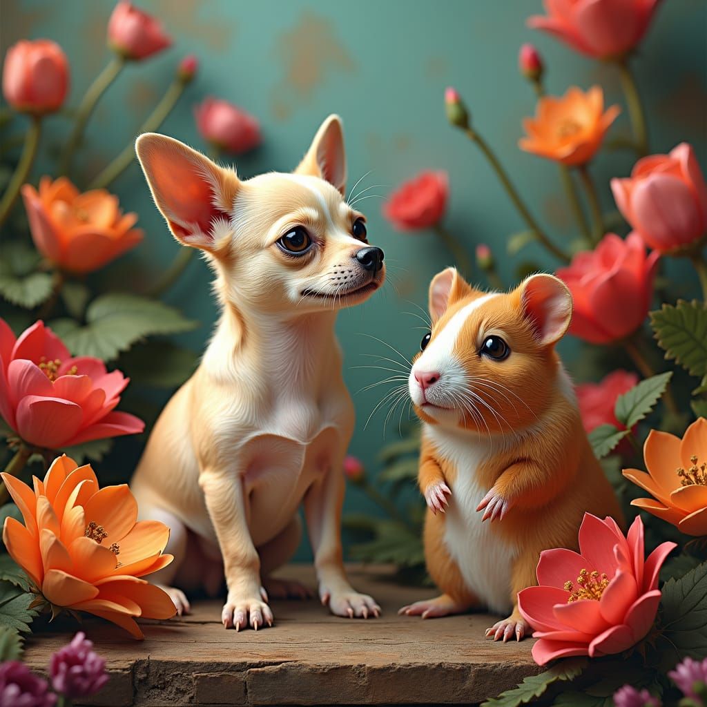 Chihuahua and Guinea Pig in a Surreal Flower Garden