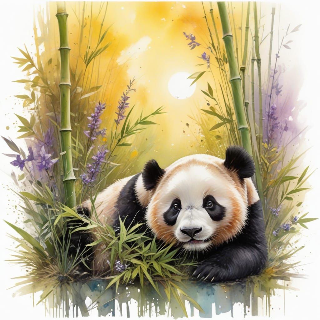 Panda Reclining on Bamboo in Spring, Watercolor Style