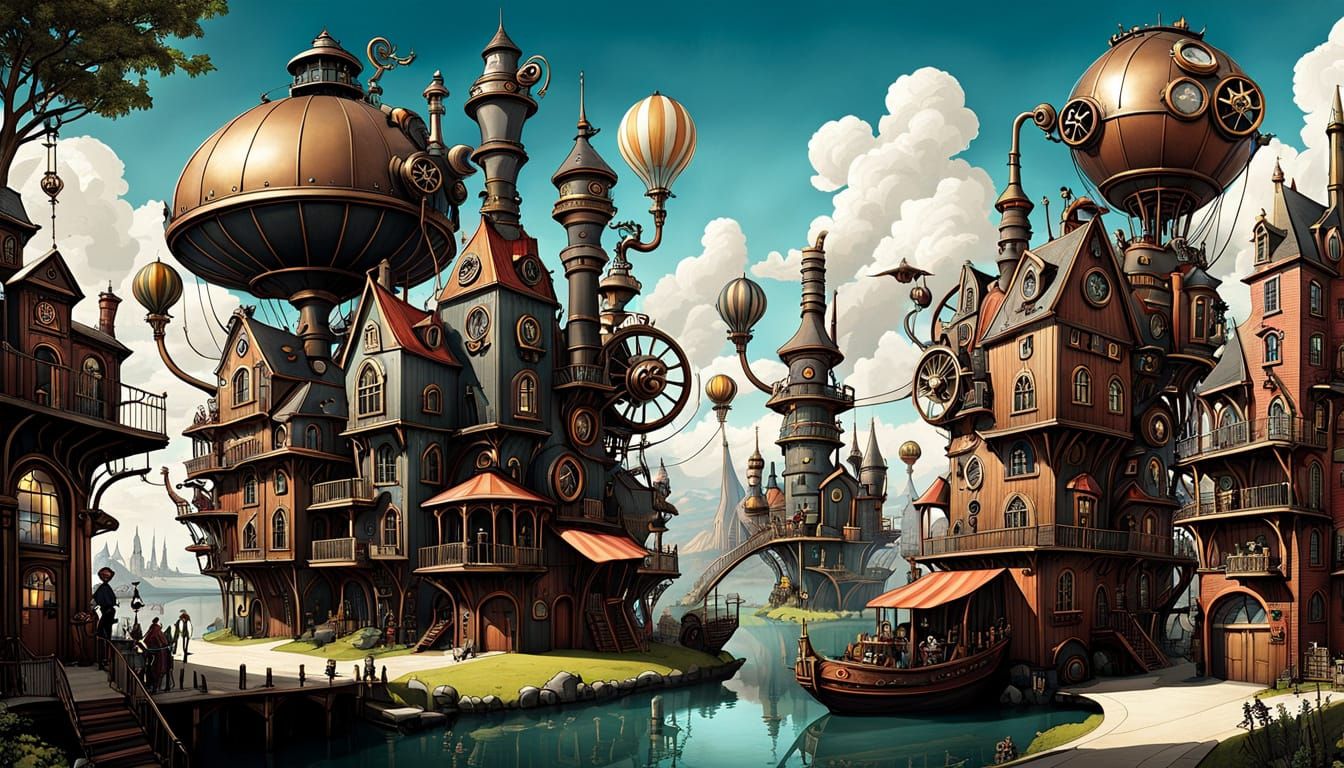 Whimsical Steampunk World with Wacky Buildings and Mythical ...