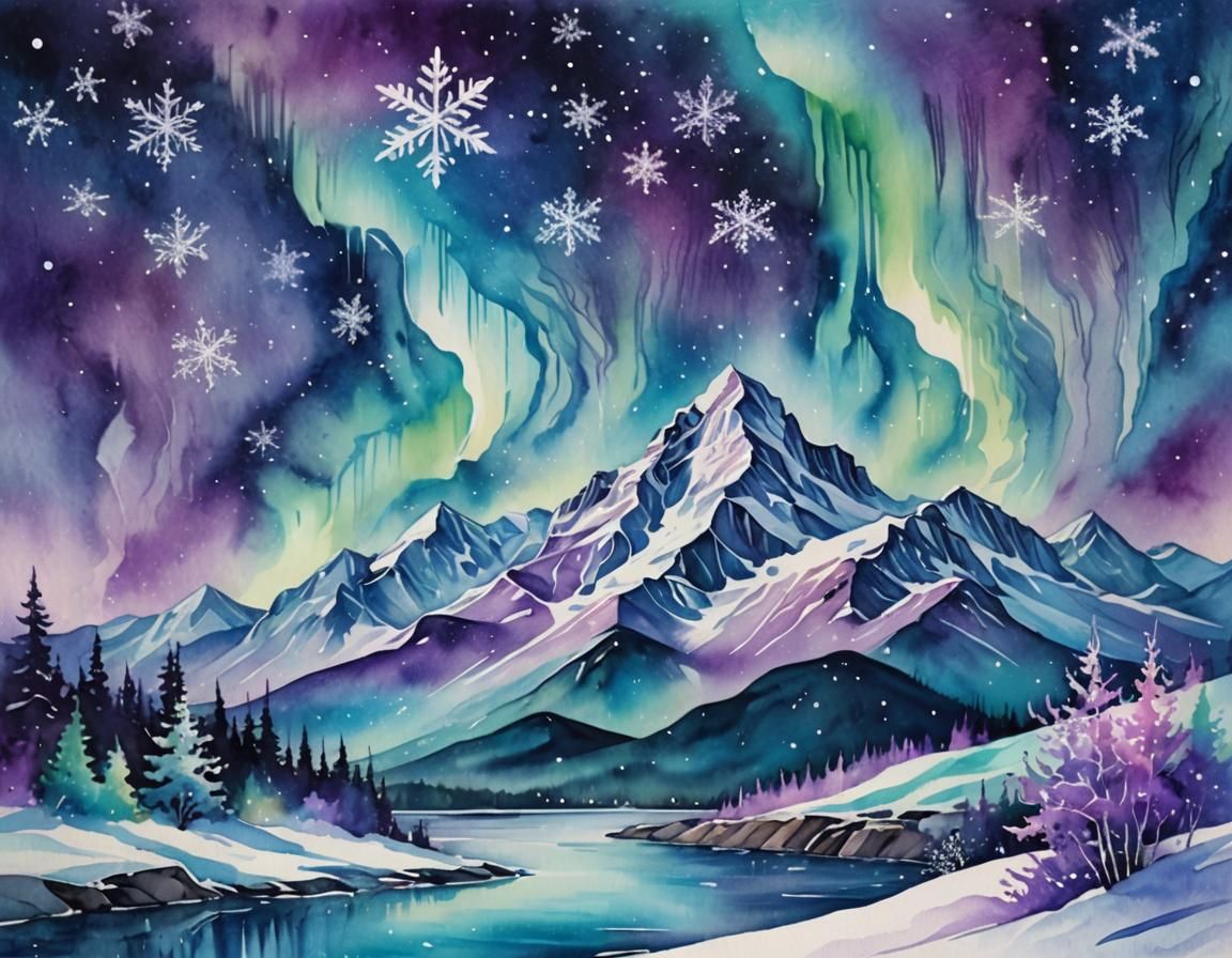 Shimmering Snow Mountain in Dreamy Watercolor Style