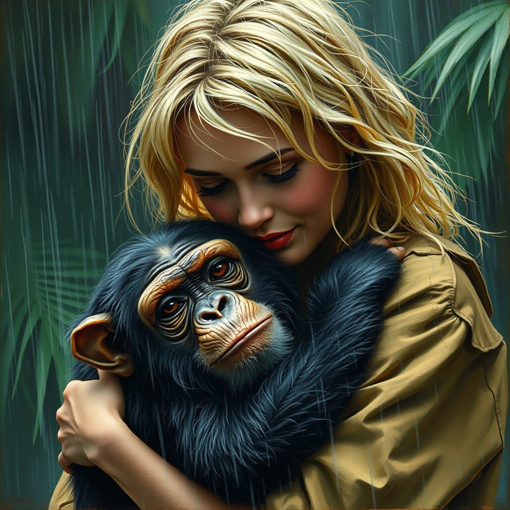 Tender Moment in the African Jungle: A Young Woman Shields a...