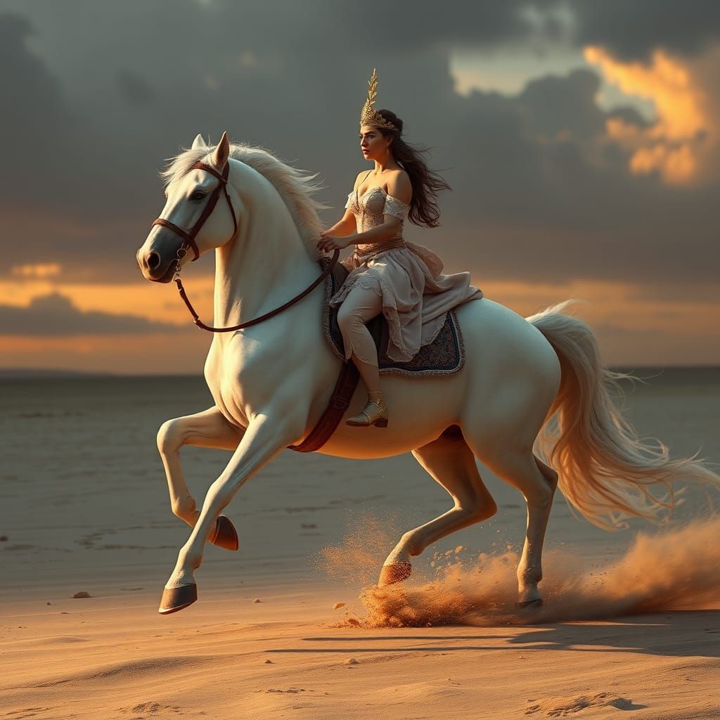 Lady Godiva Rides on Golden Beach: Fantasy Art