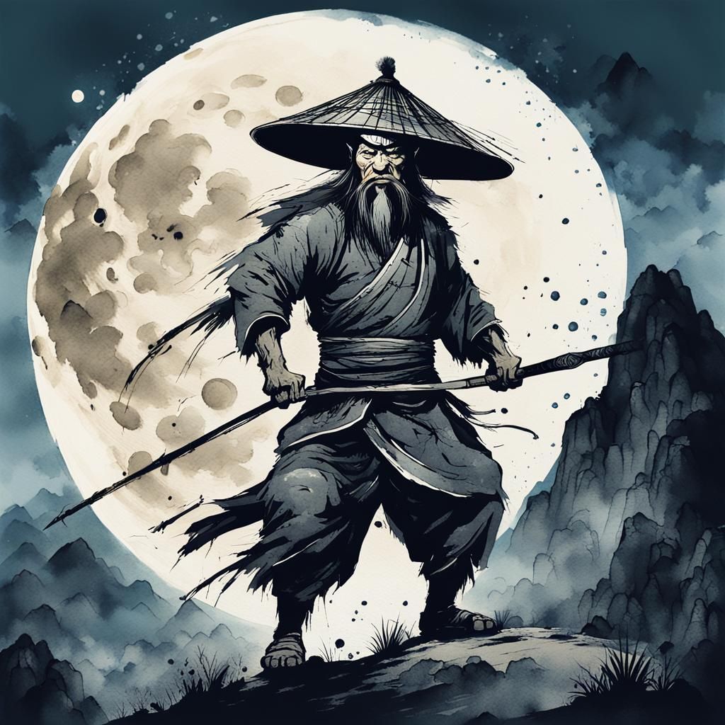 Ancient Kung-Fu Warrior Under Moonlight in Watercolor