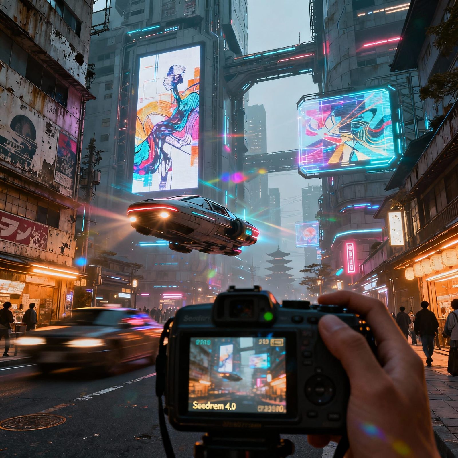 Neo-Kyoto 2150: Futuristic Street View with Retro Camera Len...