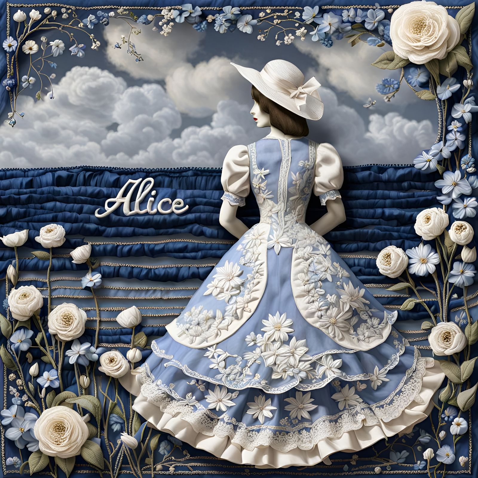 Embroidered Alice with Silk Flowers and Bird