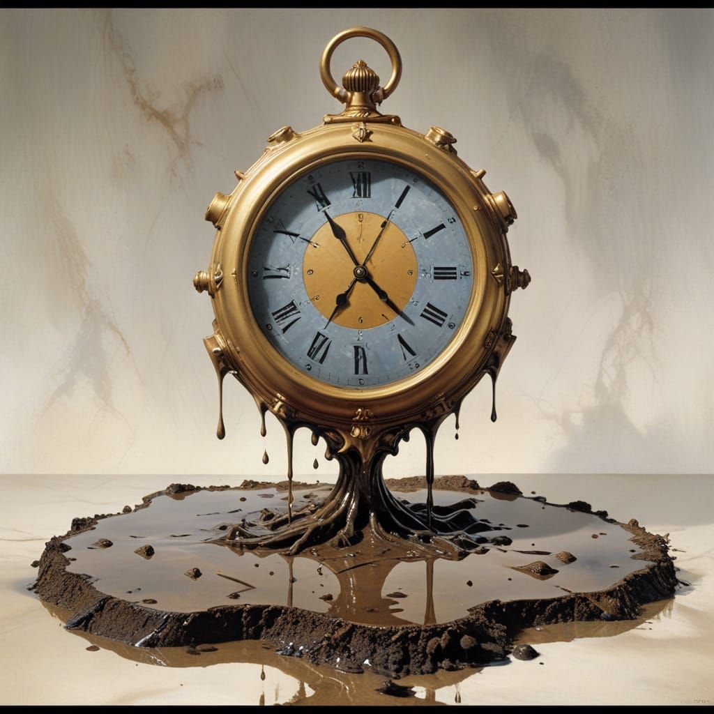 surreal 1925 clock face smashed melting into puddle savador dali, rene magritte